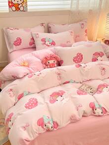 Sanrio Cute Print 3pcs Bedding Set - My Melody(1pc Duvet Cover + 2pcs Pillowcase, No Filling) Cartoon Full Size, Soft & Comfortable, Suitable For Dorm, Home Bedroom, Hotel, All Seasons, With Zipper Closure And Pillowcase, Multi-Color , Oversized Bedding, Oversized Duvet Cover Set