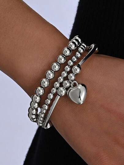 3pcs Vintage Coin, Heart Charm Beaded Bracelet Set For Women, Suitable For Daily Wear, Parties, Weddings, Birthdays, Valentine's Day Gifts