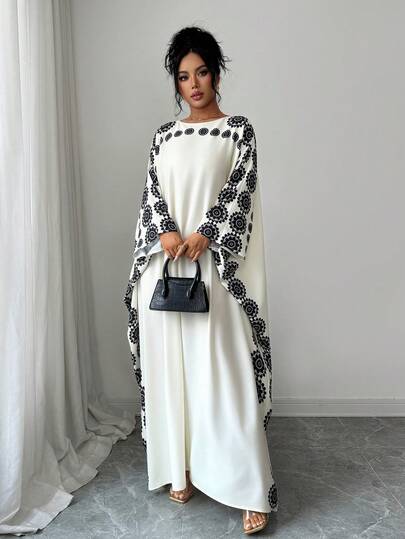 中东波西米亚风格简约印花度假沙滩阿拉伯连衣裙