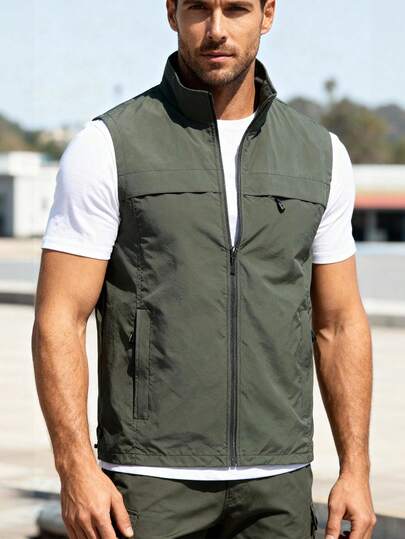 Men's Lightweight Casual Breathable Vest, Outdoor Sports Quick-Dry Sleeveless Stand Collar Jacket, Suitable For All Seasons