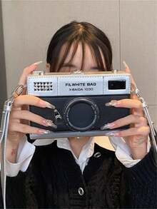 1个新款创意硬壳盒包，时尚独特的相机造型斜挎包，配有可调节宽肩带，女士时尚手机袋，银色钱包，小钱包，趣味礼物，可装硬币、口红、钥匙、手机 - 銀色 - 查看 2