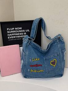 1个休闲简约大容量牛仔布手提包，简约百搭单肩/斜挎购物包 - 淺藍色 - 查看 12