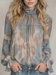 Floral Print Ruffle/Frill Twist Pleated Chiffon Long Sleeve Flare Cuff Blouse For Women Spring - Blue Flower - View 8