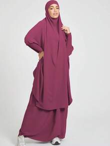 2pcs, 1pc Breathable Soft Fabric Khimar Hijab Paired With 1pc Elegant Versatile Abaya Dress, Suitable For Muslim Women's Daily Wear And Prayer, All Season