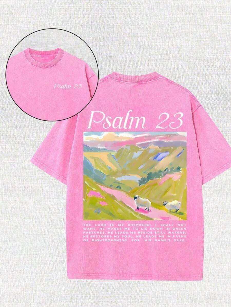 2026 New Arrival Summer Unisex "Psalm 23" Landscape Graphic T-Shirt,Double-Sided Bible Verse Print Oversized Top For Christian Faith & Casual Outfits - 玫紅色 - 查看 1