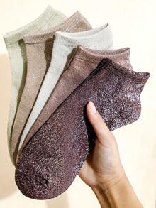5双装女士闪亮亮片袜，轻盈舒适，百搭休闲袜，性感咖啡色，夏季 - 彩色 - 查看 8