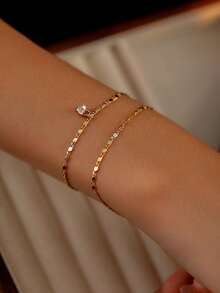 2pcs/Set Valentine's Day/Mother's Day Girl's Fashion Minimalist Heart-Shaped Copper Pendant Multilayer Bracelet Jewelry Gift