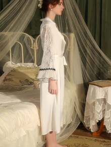 New Silky Satin Nightgown Pure Desire Lazy Lace Decoration Sexy Open Placket Long Robe Set - 白色 - 查看 5
