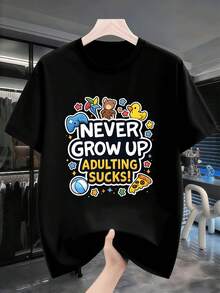 T-shirt << Never Grow Up Adulting Sucks », tissu de haute qualité, coupe décontractée, style hip-hop urbain, respirant - Noir - Voir 2