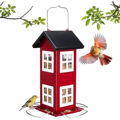 Bird House Feeders For Outdoors Hanging-Metal Wild Bird House Feeders With 4 Ports, Country House Design, Garden Yard Decor Hanging Bird Feeder For Outside, Large Capacity, Brown