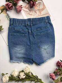 女士做旧抽绳毛边牛仔短裤，夏季休闲装 - 深色水洗藍 - 查看 6