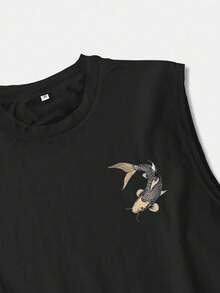 Plus Size 2 Pieces Set: Men's Japanese Koi Pattern Sleeveless Tank Top, Casual Loose Street Style T-Shirt - Black - View 5