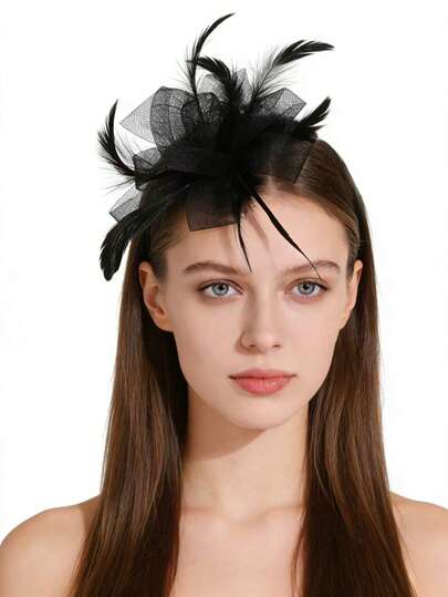 1pc Women's Charming Hat, Flower Mesh Ribbon Feather Hairclip, Tea Party Headpiece, Suitable For Attending Cocktail Party, Church Wedding, Kentucky Derby