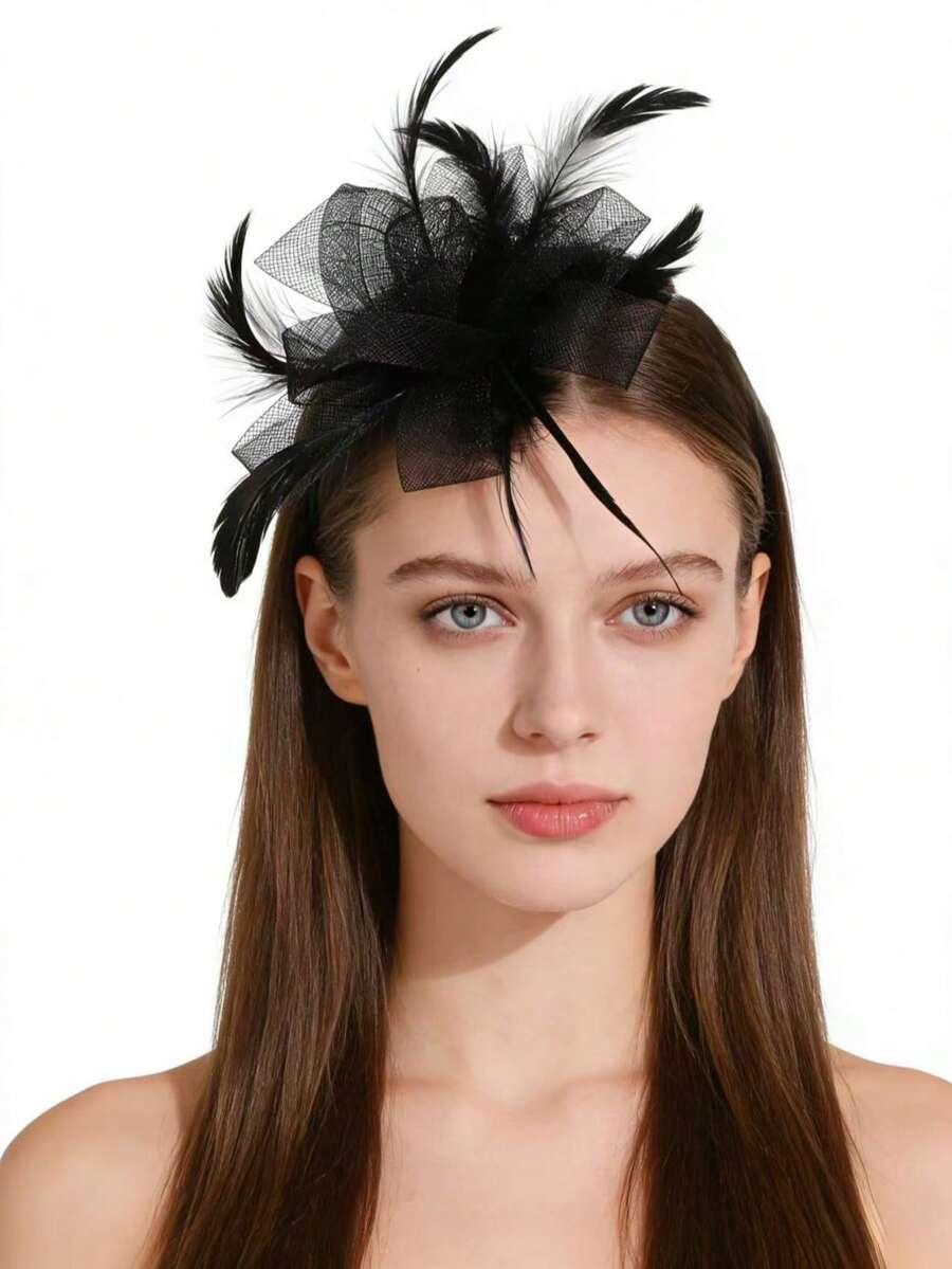 1顶女士魅力帽子，花朵网纱丝带羽毛发夹，茶会头饰，适合参加鸡尾酒会、教堂婚礼、肯塔基德比等场合。 - 62126黑色 - 查看 1