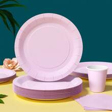 1 Set di forniture monouso per feste per 25 ospiti, inclusi piatti, tovaglioli, bicchieri di carta rosa e viola, adatti per compleanni, matrimoni, feste a tema, picnic in famiglia - Multicolore - Visualizzare 3