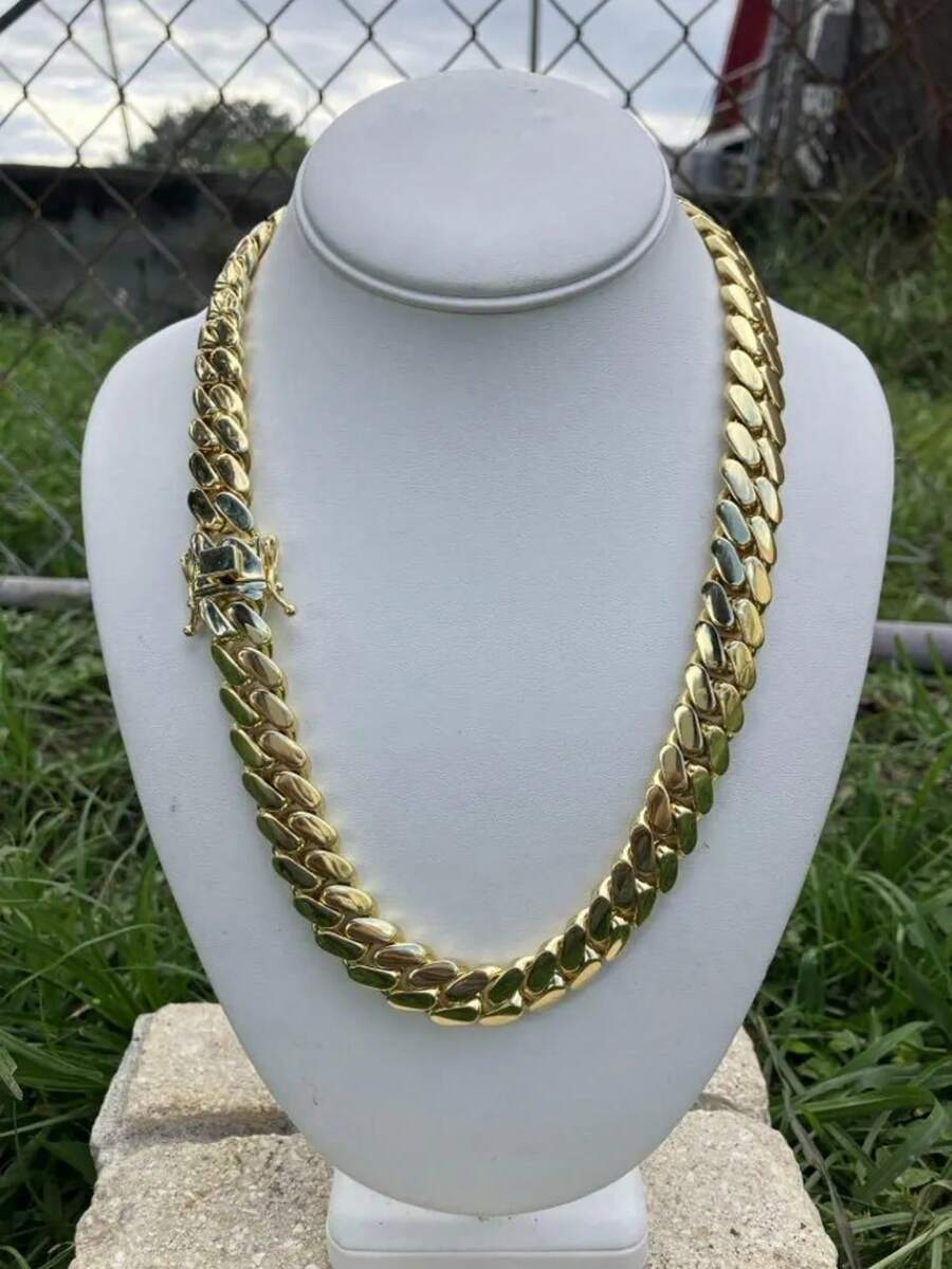 16mm Chunky Thick 14K Gold Plated Stainless Steel Curb Punk Whip Link Chain Cut Faux Diamond Box Buckle Necklace For Men Hip Hop Jewelry Valentine's Day Gift - Chiều rộng 16mm - Xem 1