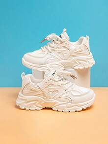 ‌Zapatillas blancas de malla transpirable, suela blanda, para niños y niñas, con suela gruesa, ideales para todas las estaciones.‌ - Beis - Ver 1