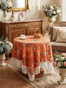 1 pièce Nappe vintage française à imprimé floral avec dentelle, décoration d'intérieur pour table de chevet, table basse, table à manger, décoration de fête - Orange - Voir 3