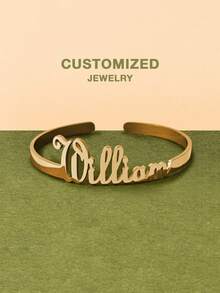[Valentine's Day Selection] Personalized Customized Bracelets, Customized Text Bracelets (Gold/Silver), Open Bracelet Text Customization, Stainless Steel Jewelry, Valentine's Day Gifts, Gold Stainless Steel Jewelry, Customization, Gift Box Style, Gift Selection. - Selected Items - View 3