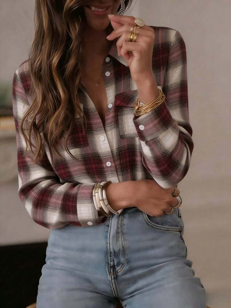 女士休闲格子长袖衬衫，经典衬衫领，前襟纽扣，常规版型，涤纶面料 - 酒紅色 - 查看 6