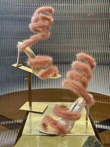 欧美风貂皮金色水晶装饰细高跟凉鞋，性感露趾单带派对女鞋 - 粉色 - 查看 8