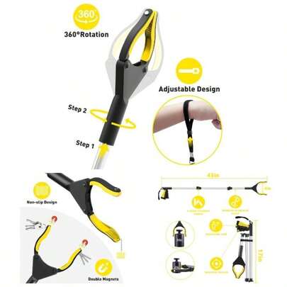 44 Inch Long Grabber Reacher, Foldable Grabbers Elderly Grab It Reaching, Adjustable Rope, 360Rotating Jaw+2 Magnets, 4 Inch Wide Claw Trash Grabber Pickup,/ Bag