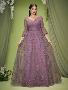 Anpoket V-Neck Embroidered Lace Cropped Sleeves High-End Evening Dress, Party Dress, Wedding Guest Dress, Formal Dress, Gown, Valentine's Day - Dusty Pink - View 1