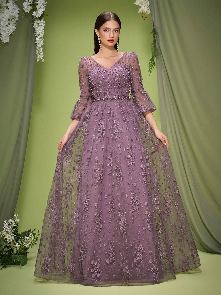 Anpoket V-Neck Embroidered Lace Cropped Sleeves High-End Evening Dress, Party Dress, Wedding Guest Dress, Formal Dress, Gown, Valentine's Day - Dusty Pink - View 1