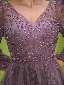 Anpoket V-Neck Embroidered Lace Cropped Sleeves High-End Evening Dress, Party Dress, Wedding Guest Dress, Formal Dress, Gown, Valentine's Day - Dusty Pink - View 6