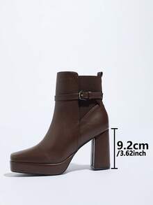 Giày bốt nữ cổ điển, bốt cổ thấp đế dày, bốt mũi vuông, khóa kéo bên hông, chất liệu da, khóa cài, kiểu dáng thường ngày thoải mái, thanh lịch, đế dày, màu nâu đậm. - nâu sẫm - Xem 5