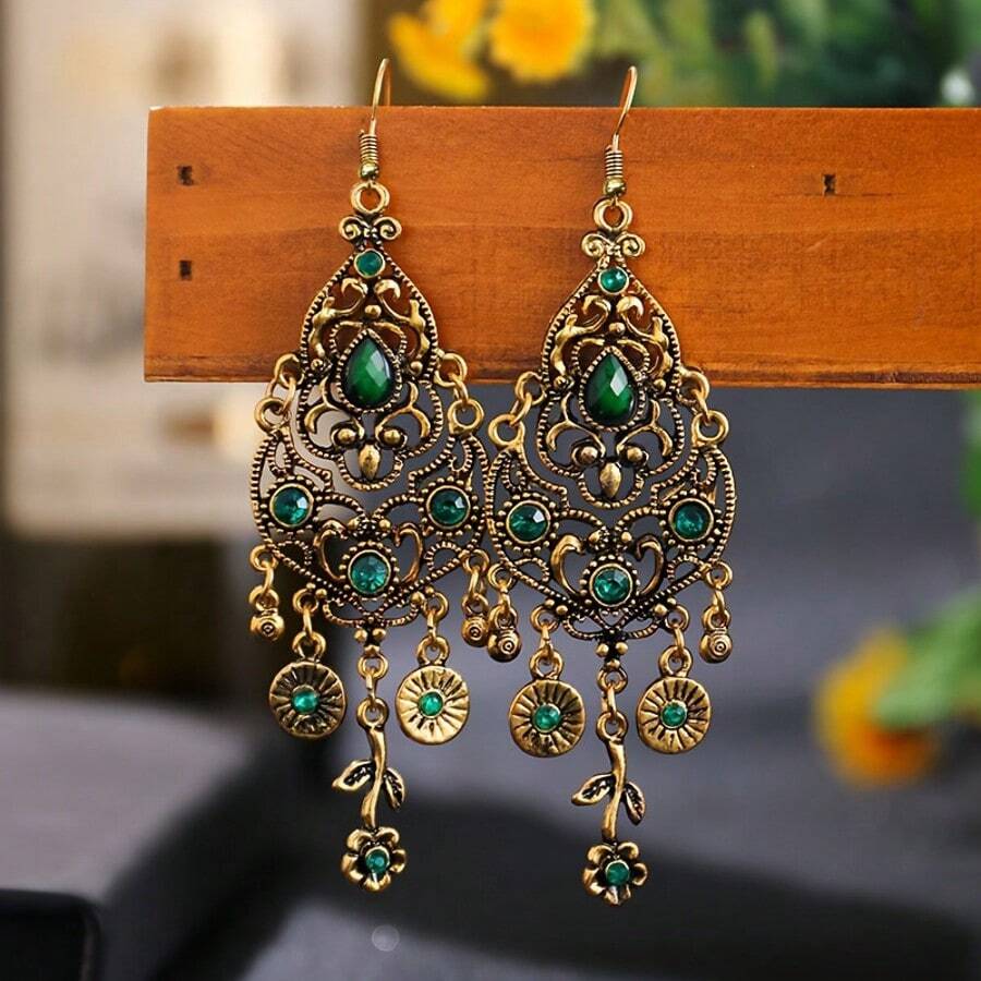 Vintage Exquisite Rhinestone Gourd Flower Tassel Ear Hooks, Lightweight Luxury High-End Niche Earrings For Women - Retro French Style - View 1