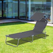 Outsunny Folding Sun Lounger, Garden Lounger, Deck Chair With Sunshade, Grey, 187 X 58 X 36 Cm, Ideal For Beach & Patio - Grey - View 3
