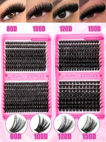 MEM 770/640/544 Clusters D Curl Manga Eyelash Set, Customized DIY Single Cluster False Eyelashes 10-16mm, Fluffy Dense 3D Russian Mink Effect, Dramatic Messy Texture, Suitable For Daily, Cosplay, Stage And All-Occasion Eye Makeup - 黑色 - 查看 2