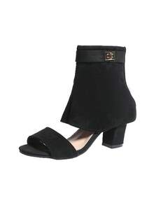 女士粗跟露趾踝靴，新款春夏高跟黑色裤筒凉鞋，时尚百搭露趾靴，女士夏季露趾靴，仿麂皮夏季凉鞋靴 - 黑色 - 查看 8