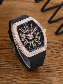 1件男士奢华全镶钻桶形防水发光腕表，配硅胶表带