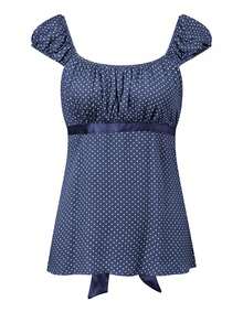 Women's French Vintage Polka Dot Top Cute Square Neck Short Sleeve T-Shirt Slim Fit Milkmaid Blouse Elegant Summer Going Out Tops - Màu xanh lam - Xem 1