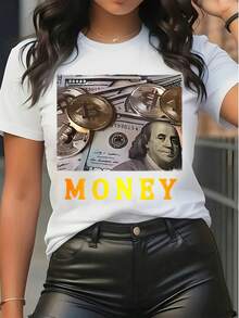 Women's White Casual Short Sleeve Crew Neck T - Shirt Money Graphic Print Tee With Bitcoin & Dollar Bill Pattern  Streetwear Daily Top - White - View 1