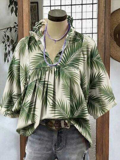 女士休闲夏威夷树叶3D印花短袖宽松荷叶领衬衫，适合春夏海滩度假