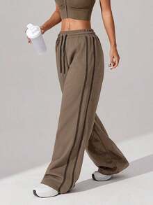 1pc Women's Waffle Knit Loose Straight Leg Drawstring Waist Contrast Color Simple Fitness Sports Pants, Spring/Summer - Màu Khaki - Xem 2