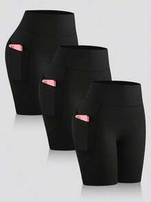 3Pcs/Set Black, Gray, Blue Yoga Shorts With Pockets, High Waist, Tummy Control, Compression Leggings, Bike Shorts, Stretchy & Comfortable Athletic Pants Spring/Summer - 黑色 - 查看 2