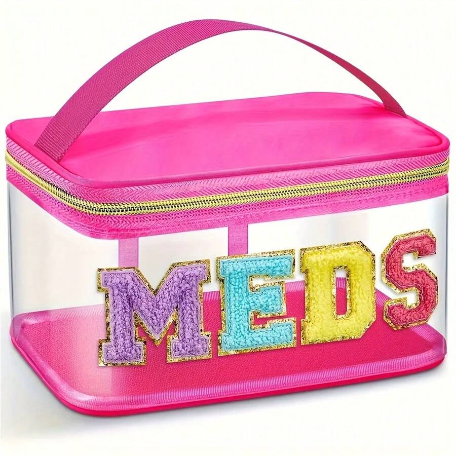 Fashion Chenille Letter Patch Toiletry Bag, MEDS Makeup Bag - Transparent Travel Storage Bag With Handle, Nylon Zipper Toiletry Bag, XSB1207-Toiletry Bag-LY28 - màu xanh lá - Xem 1