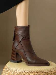 复古英伦风高跟踝靴，方头粗跟，百搭秋冬靴，酒红色鞋跟