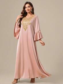 Non-Positioning Flower Lantern Sleeve Applique Arabic Dress - Pink - View 2