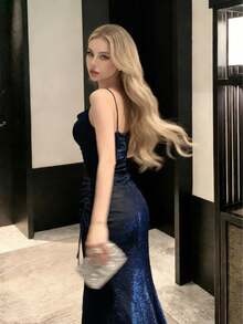 Elegant Party Dress For Women Sparkly Navy Blue Wedding Guest Outfit - Sexy Valentines Day Night Going Out Long Dress Swinging Collar Slim Evening Cocktail Prom Dresses New Fashion Asymmetrical Ruched Slit Outfits 2026 New Spaghetti Strap Sleeveless Blue Clothes Mujers Robe - Navy Blue - View 3