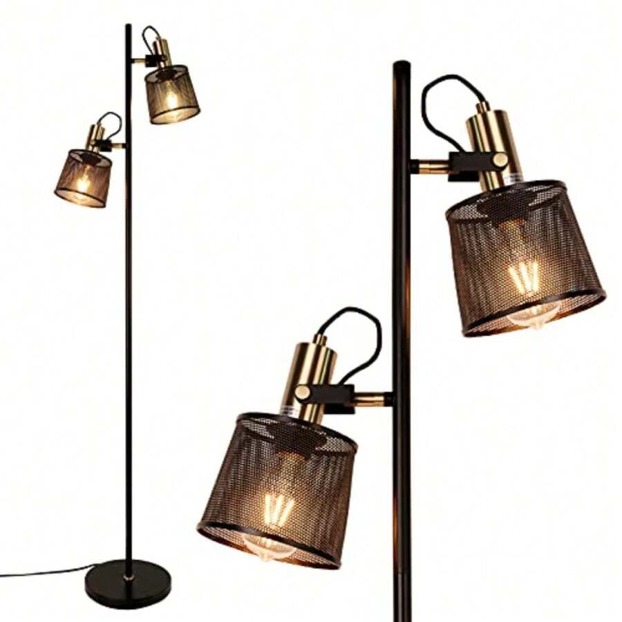 2 Way Industrial Retro Black Iron Metal Net Floor Lamps With Adjustable Switch Plug In For Living Room Bedroom Office - As Pic - View 1