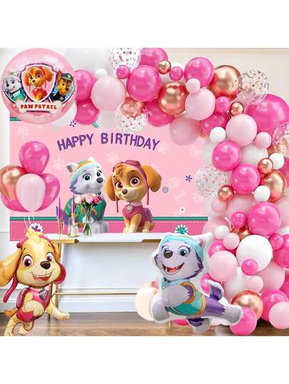 Paw Patrol Authorized 107PCS  Cute Pink Woof Team Theme Birthday Party Decoration Balloon Arched Set, 32in1-9 Digital Aluminum Film Foil Balloon Birthday Party Decoration, 1PC Cartoon Pink Woof Team Theme Party Decoration Background Cloth And Happy Birthday Balloon Combination, Perfect For Birthday Adult Gift Party Wall Decoration Balloon Set