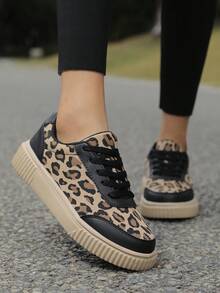 Women's Leopard Print Casual Sneakers, Comfortable Outdoor Driving Shoes, Running Shoes, Hiking Shoes, Skateboard Shoes, Low-Top Lace-Up - Mocha Brown - View 12