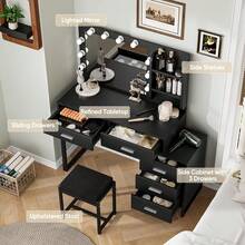 Moderno escritorio de maquillaje con espejo y luces, mesa de tocador negra con 5 cajones y estantes de exhibición, juego de tocador con silla de tocador para dormitorio - Negro - Ver 5