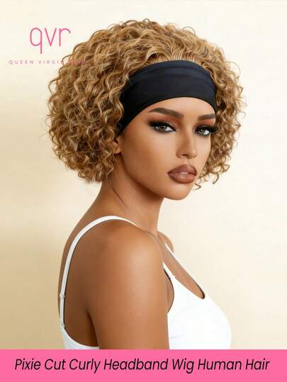 QVR QUEEN VIRGIN REMY QVR Honey Gold Short Curly Wig, Real Human Hair Pixie Short Curly Wig Headband, 130% Density, Clip-In & No Glue, Short Wavy Deep Curly Wig Headband With Extra Pull Cord, No Lace Machine Weft Real Human Hair Wig, Soft Brazilian Virgin Remy Hair, Suitable For Beginners Daily Wear, Affordable Price