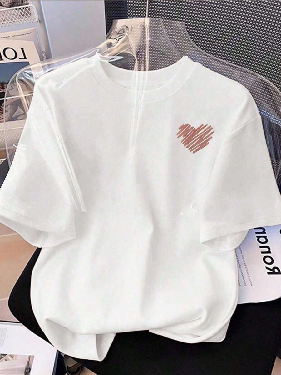 Casual Fashionable Fitted Knit Pullover Short Sleeve T-Shirt For WomenPrinted Round Neck Short Sleeve Women's Tee - Daily Casual, Sports & Fitness, All Seasons (Perfect For /Valentine's Day) - White - View 1
